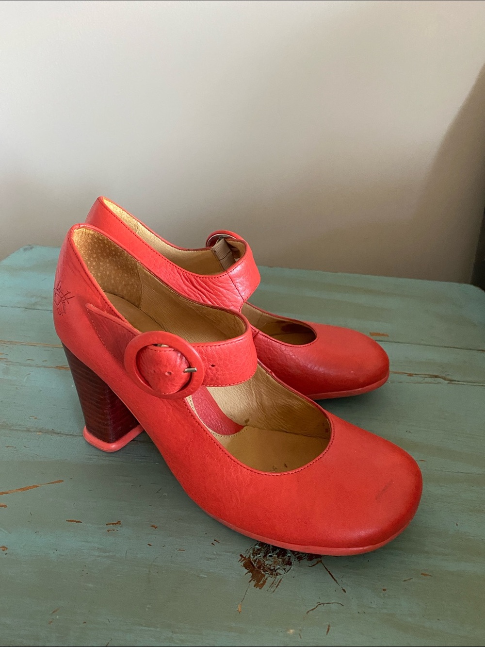 John Fluevog Bright Red Mary Jane Block Heels with Round Buckle